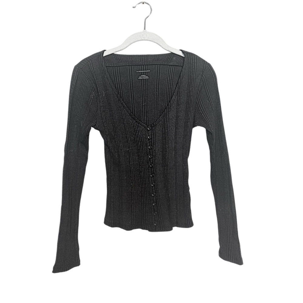 Anthropologie Black Long Sleeve Shirt - Button Front - Ribbed - Women’s XS